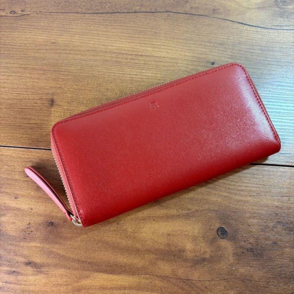 Banana Republic Red Leather Zip Around Continental Wallet Saffiano Monogram BR